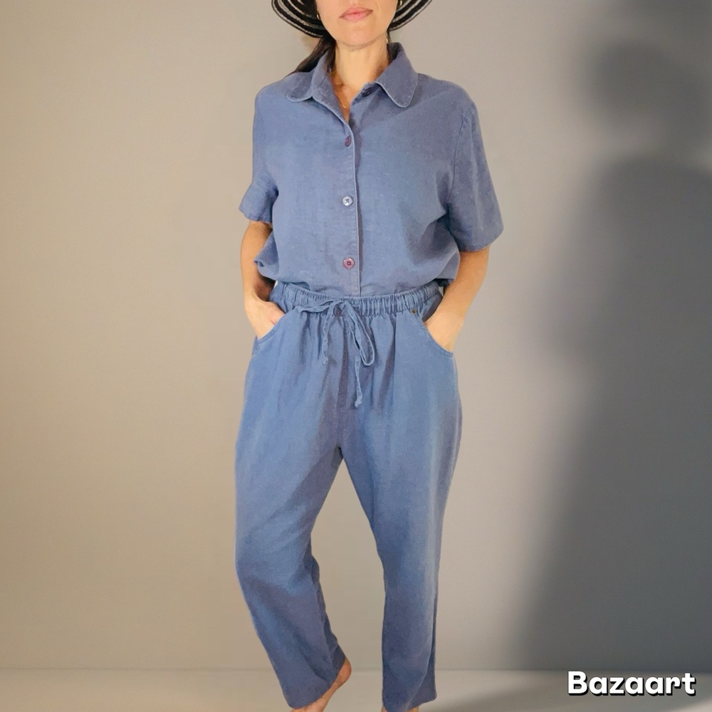 Vintage Sag Harbor Blue Linen Cotton blend Pants Set